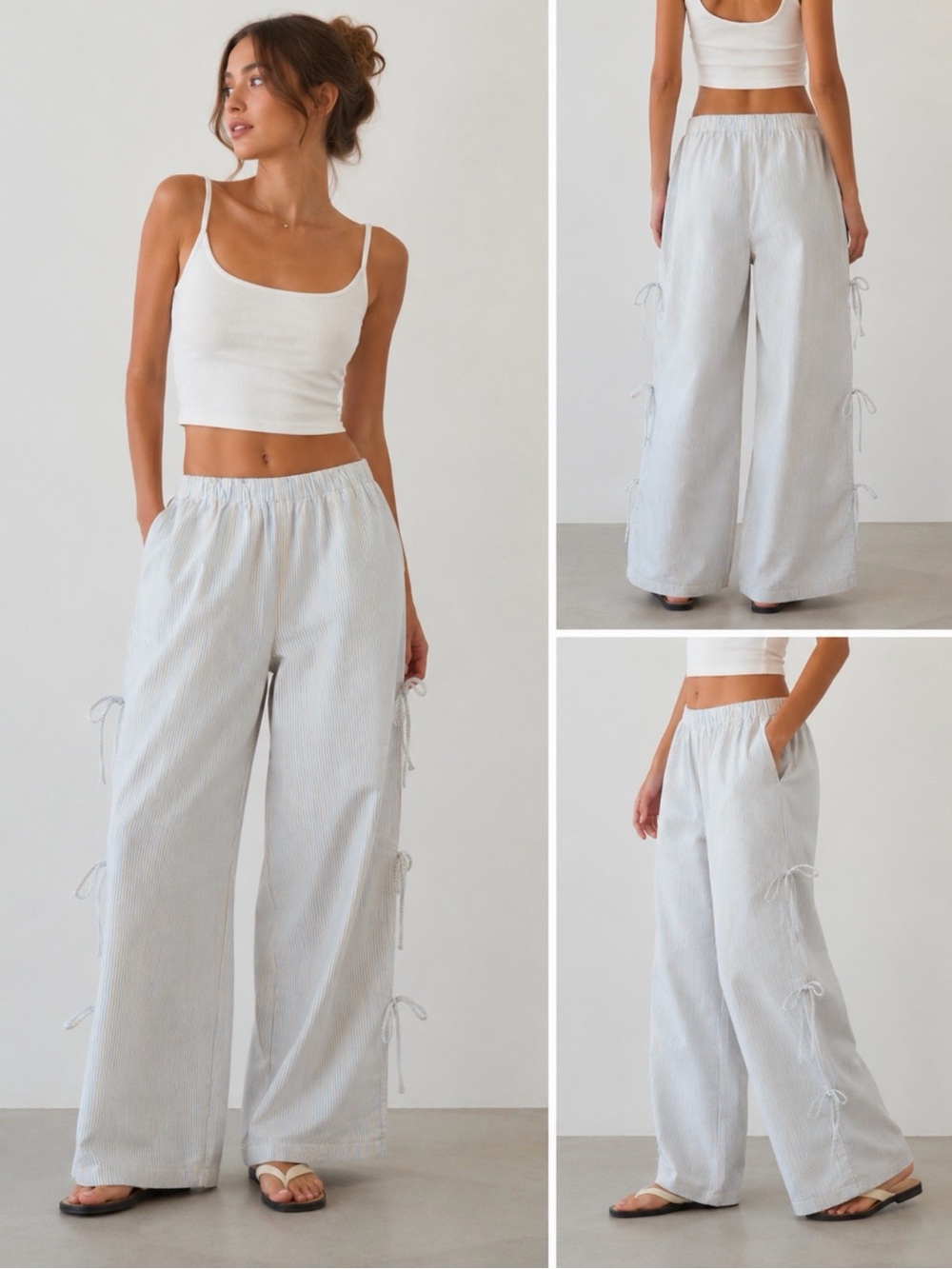 Wide Leg Tie-Side railroad stripe cotton Pants — light blue Pinstripe